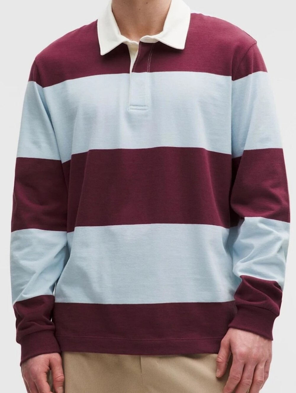 NWT Lululemon Long-Sleeve Cotton Rugby With Wide Stripe Burgundy/Bay Foam Cloud